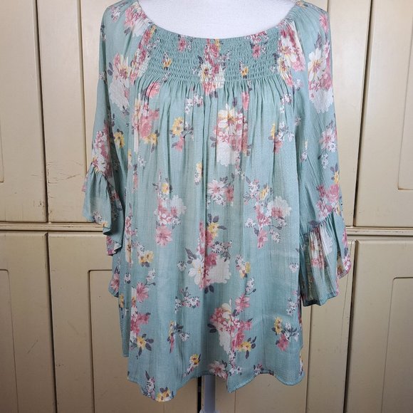 MOD Lusive Women's Floral Green 3/4 Ruffle Sleeve Blouse Boho Size Large - Picture 3 of 10